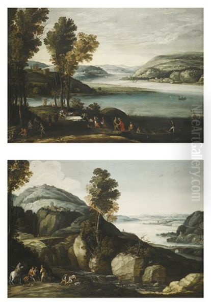 Landscape With Figures Preparing For An Outdoor Feast; River Landscape With A Shooting Party (pair) - view 1
