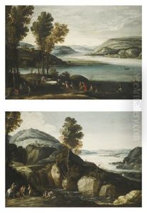 Landscape With Figures Preparing For An Outdoor Feast; River Landscape With A Shooting Party (pair) by Paul Bril