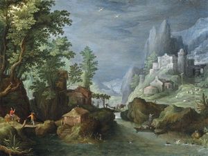 A Mountainous River Landscape With Travelers Crossing A Bridge, A Town On The Mountainside To The Right by Paul Bril