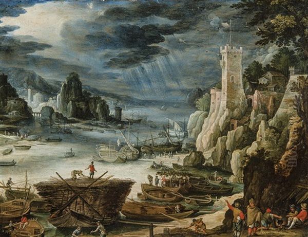 Paysage Rocheux Avec Port De Mer Et Nombreuses Figurines Et Embarcations - view 1