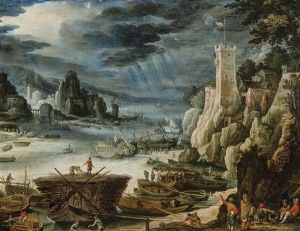 Paysage Rocheux Avec Port De Mer Et Nombreuses Figurines Et Embarcations