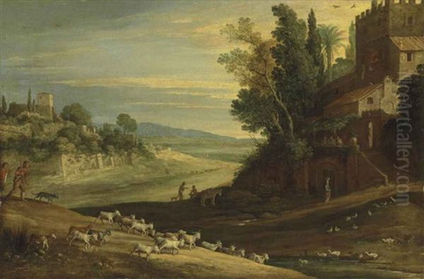 An Extensive Italianate Landscape With Shepherds Watering Their Flocks By A Stream, With Jesus And Two Disciples At Emmaus - view 1