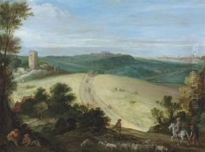 An Extensive Wooded Landscape With A Shepherd And His Flock, A Ruined Tower And City Beyond