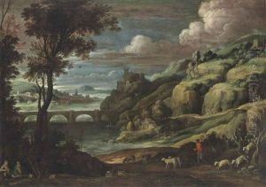 An Extensive Landscape With A Castle On A Hill Above A Bridge, With Shepherds On A Path And Birdcatchers Resting In The Foreground