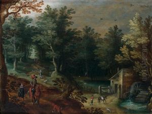 Paysage Au Moulin Anime De Cavalier, Chasseur Et Promeneurs