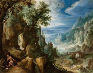 Saint Jerome Praying In A Rocky Landscape by Paul Bril
