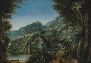 A Wooded River Landscape With Villagers Conversing