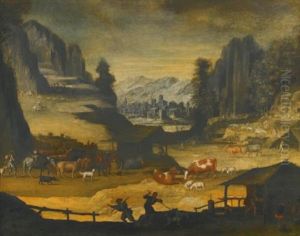 Mountainous Landscape With Cows, Herders And Wolves