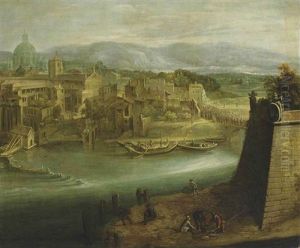 A View Of A Harbour With Figures On A Shore, St. Peter's And The Church Of Santo Spirito In Sassia Beyond