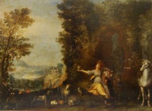 Diana, Goddess Of The Hunt, Depicted Holding The Spear Of Life, Fertility, Nature And Reproduction, Surrounded By Various Animals by Paul Bril