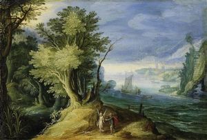 Pilger Mit Einem Engel In Weiter Flusslandschaft