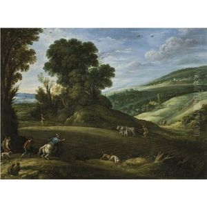 An Extensive Landscape With Hunters Crossing A Field Being Ploughed