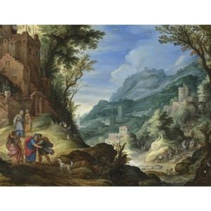 An Extensive Landscape With Tobit, Tobias And The Archangel Raphael by Paul Bril