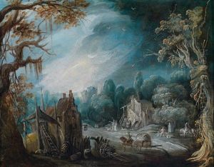 Phantasievolle Landschaft Mit Hutten Und Einem Pferdefuhrwerk