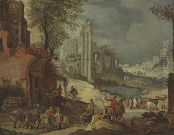 Figures Resting By An Inn, A Capriccio Of Roman Ruins Including The Temple Of Castor And Pollux Beyond - view 1
