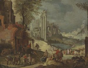 Figures Resting By An Inn, A Capriccio Of Roman Ruins Including The Temple Of Castor And Pollux Beyond