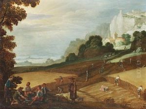 An Extensive Landscape With Figures Harvesting, A Hilltop Village Beyond