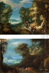 Travellers On A Road Before An Extensive Landscape, A Small Hamlet On The Mountainside Above (+ A Landscape With Falconers, A Horse And Cart And A Shepherd Making Music Near His Flock; Pair) by Paul Bril