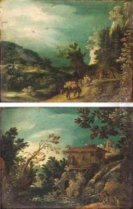 A Landscape With A Huntsman Flighting Ducks Before A Watermill (+ A Landscape With Drovers And Their Animals On A Bridge; Pair)