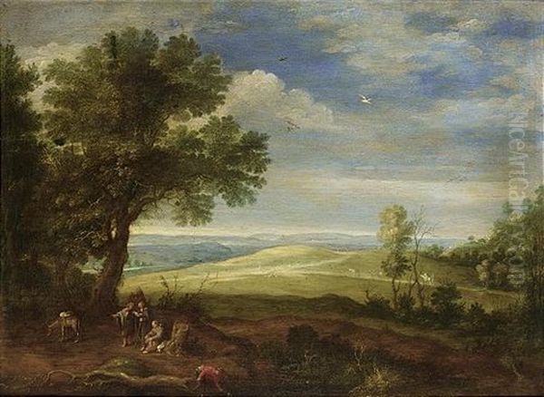 An Extensive Wooded Landscape With Monks Resting With A Donkey Near Trees - view 1