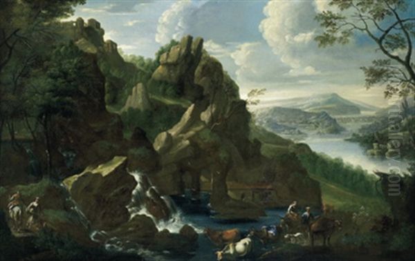Gebirgige Fluslandschaft Mit Hirten Und Herde - view 1