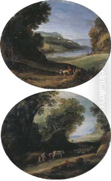 An Italianate Wooded Landscape With Herdsmen And Their Cattle On A Path (+ An Extensive Italianate Landscape With Horsemen And Travellers, A River Beyond; 2 Works) - view 1
