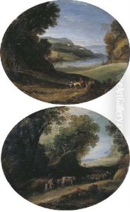 An Italianate Wooded Landscape With Herdsmen And Their Cattle On A Path (+ An Extensive Italianate Landscape With Horsemen And Travellers, A River Beyond; 2 Works) by Paul Bril