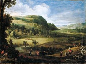 An Extensive Landscape With Herders Guiding Their Goats And A Man Attempting To Trap Birds In The Foreground