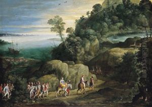 Weite Bewaldete, Gebirgige Kustenlandschaft Mit Dem Von Raubern Entfuhrten Liebespaar Theagenes Und Chariklea