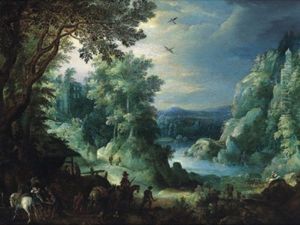 Bewaldete Flusslandschaft Mit Reitern, Einer Zigeunerin, Die Einem Kavalier Aus Der Hand Liest Und Einem Pferdewagen, Im Hintergrund Eine Burgruine Und Ein Turm