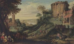 An Extensive Landscape With Peasants Harvesting Fruit, The Temple Of Vesta To The Right, A River In The Distance by Paul Bril