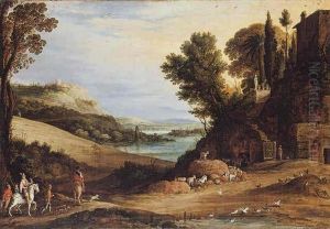 An Italianate Landscape With A Hawking Party Approaching A Villa, Other Huntsmen And A Hilltop Town Beyond