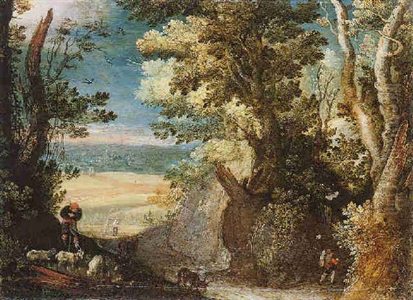 A Wooded Landscape With Herdsman Tending Goats In The Foreground, A View Of A Town In The Distance - view 1