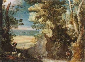 A Wooded Landscape With Herdsman Tending Goats In The Foreground, A View Of A Town In The Distance