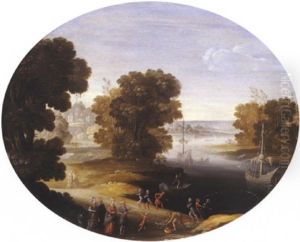 Paysage Fluvial Avec Des Pecheurs Remontant Leur Filet