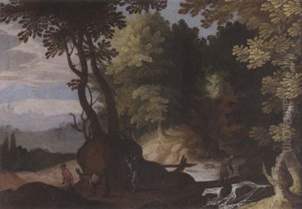 A Wooded River Landscape With Travellers On A Path Beside A Mountain Stream In The Foreground - view 1