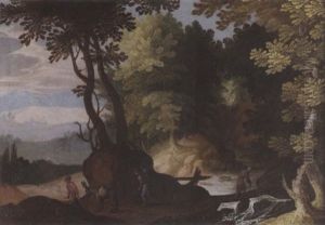 A Wooded River Landscape With Travellers On A Path Beside A Mountain Stream In The Foreground by Paul Bril