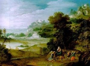 Gebirgige Fluslandschaft Mit Der Flucht Nach Agypten