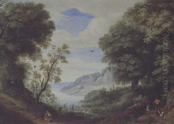 Bewaldete Flusslandschaft Mit Hirt Und Anglern - view 1