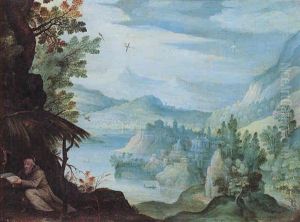 A Hermit Saint In A River Landscape, A Town In The Distance