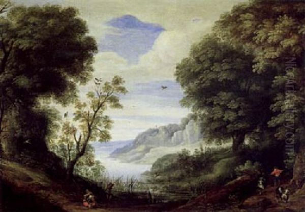 Bewaldete Fluslandschaft Mit Hirt Und Anglern - view 1