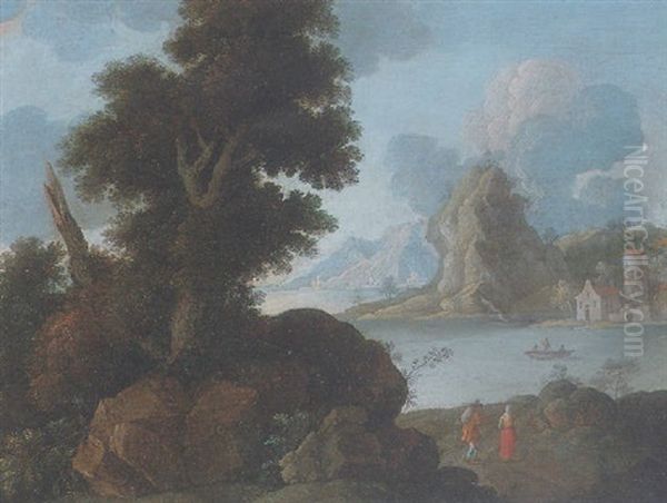 A Mountainous Coastal Landscape With Travellers On A Path In The Foreground, Figures In A Boat And A Church Beyond - view 1