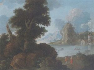 A Mountainous Coastal Landscape With Travellers On A Path In The Foreground, Figures In A Boat And A Church Beyond by Paul Bril