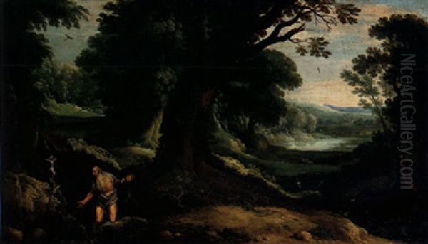 A Wooded Landscape With A Hermit Saint Kneeling Before A Crucifix - view 1