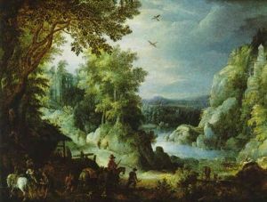 Bewaldete Fluslandschaft Mit Reitern Und Pferdewagen Und Einer Zigeunerin, Die Einem Kavalier Aus Der Hand Liest, Im Hintergrund Burgruine Und Turm