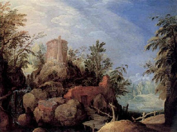 A Rugged, Rocky River Landscape With Trees And Ruins By A Rustic Bridge - view 1