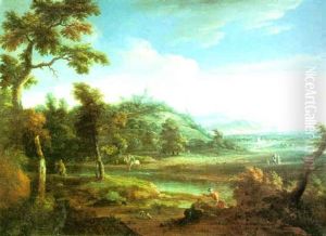 Weite Fluslandschaft Mit Wanderern, Reitern Und Hirten