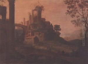 River Landscape With A Wagon And Travellers Crossing A Bridge, Watermill And Ruins Beyond