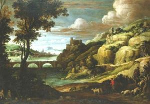 An Extensive Landscape With A Castle On A Hill Above A Bridge With Shepherds On A Path And Birdcatchers Resting In The Foreground