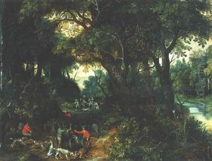 A Wooded Landscape With Hunters by Paul Bril